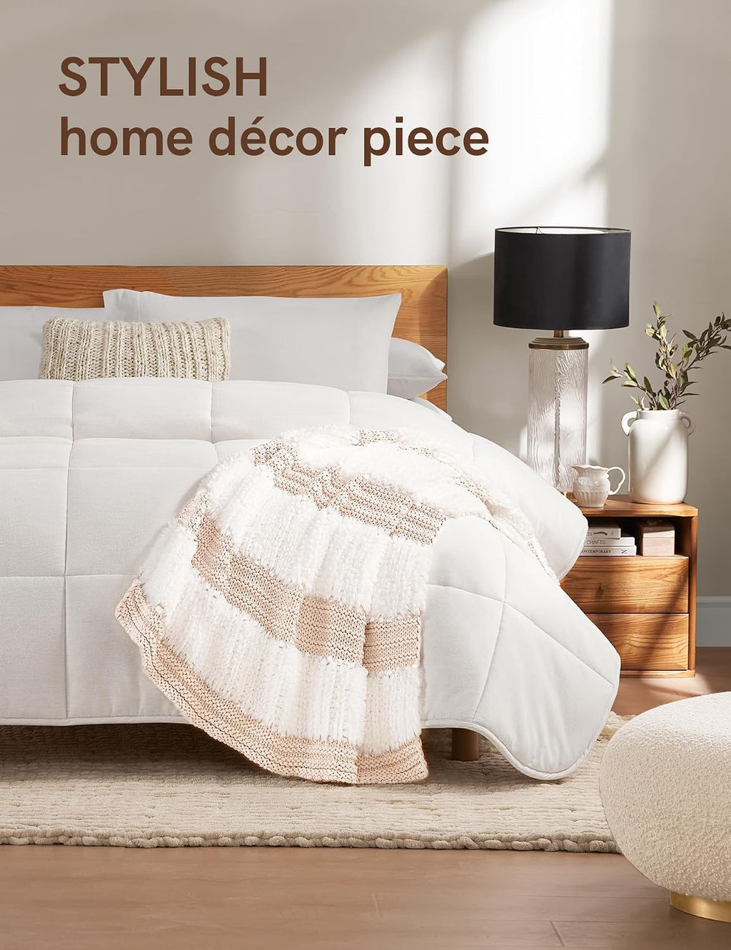 Cream Fuzzy Reversible Throw Blanket
