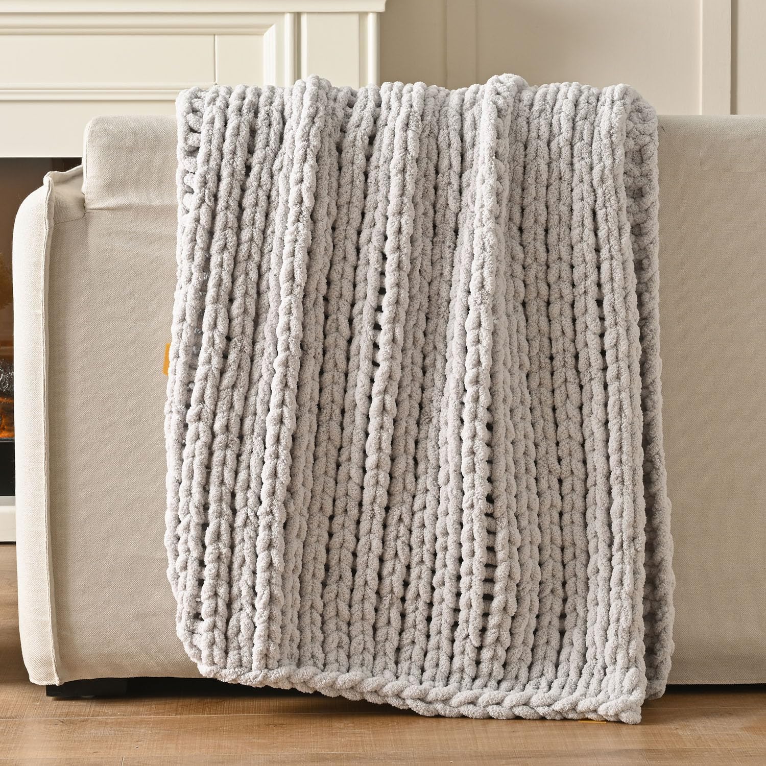 Light Gray Hand Knit Throw Blanket