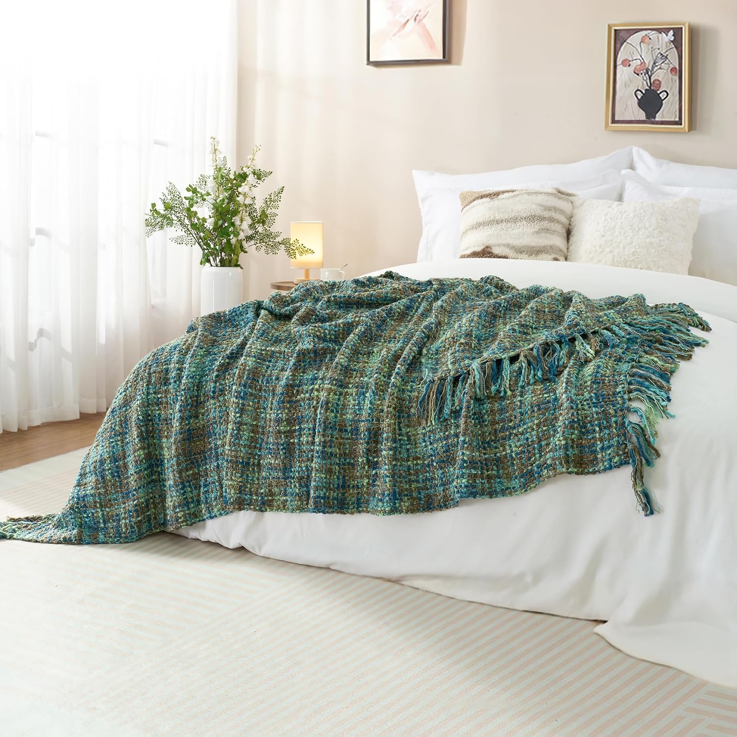 Green Tassel Woven Throw Blanket