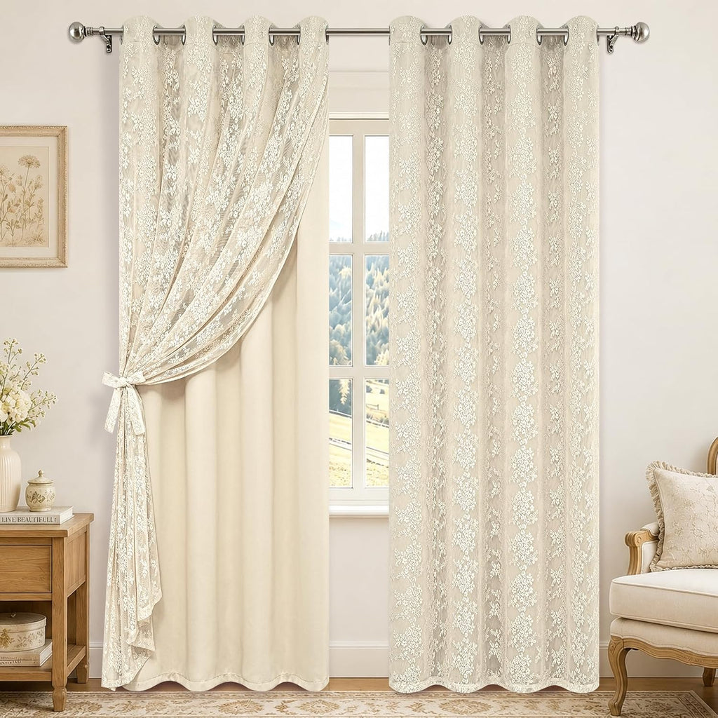 Beige Double Layer Blackout Curtains