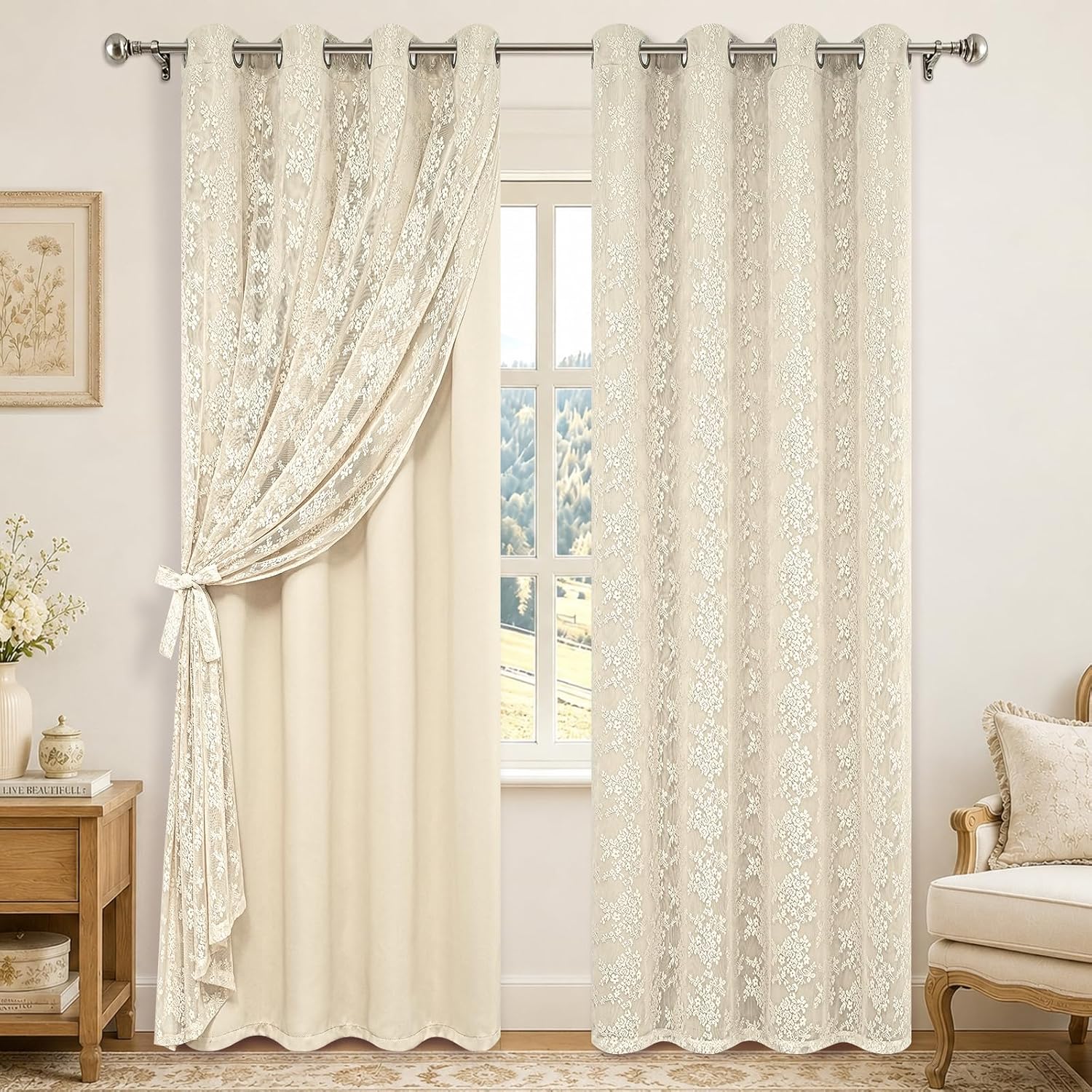 Beige Double Layer Blackout Curtains