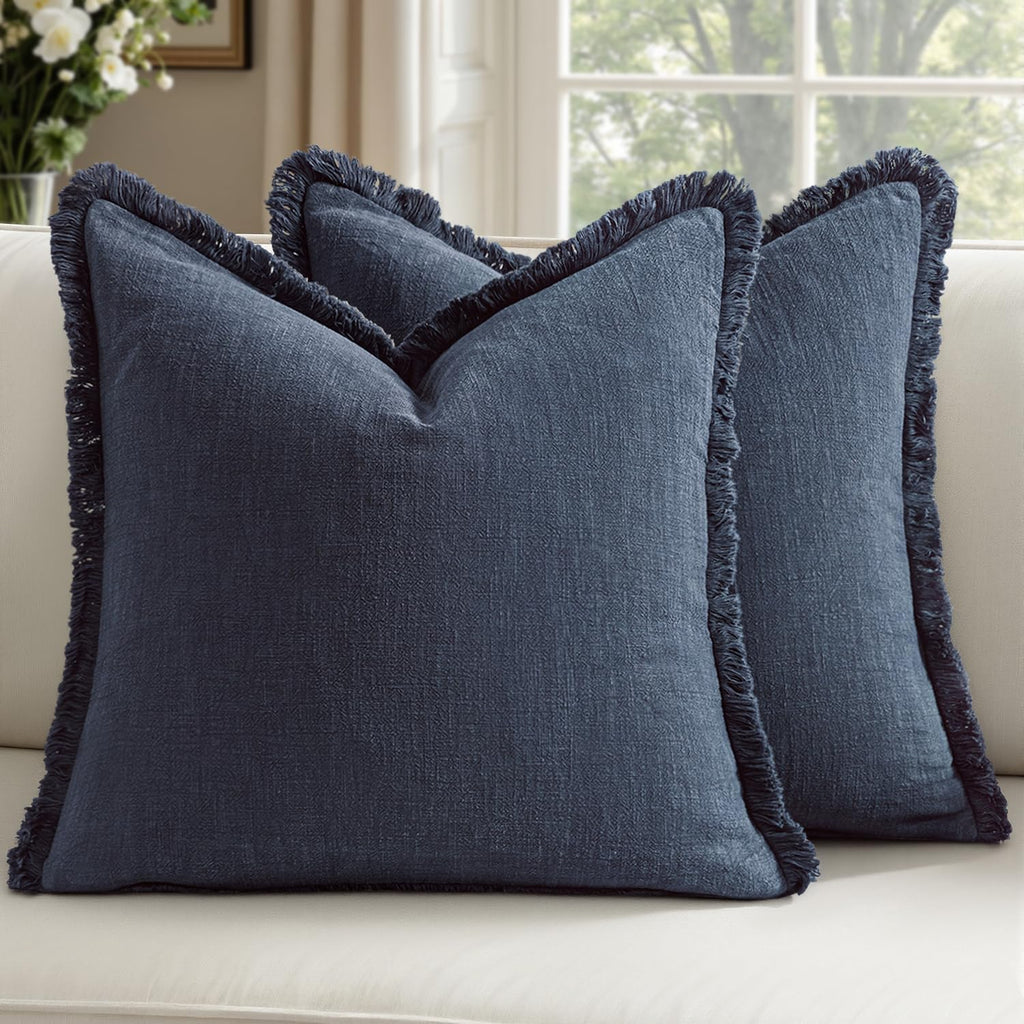 Blue Tassel Linen Cushion Covers