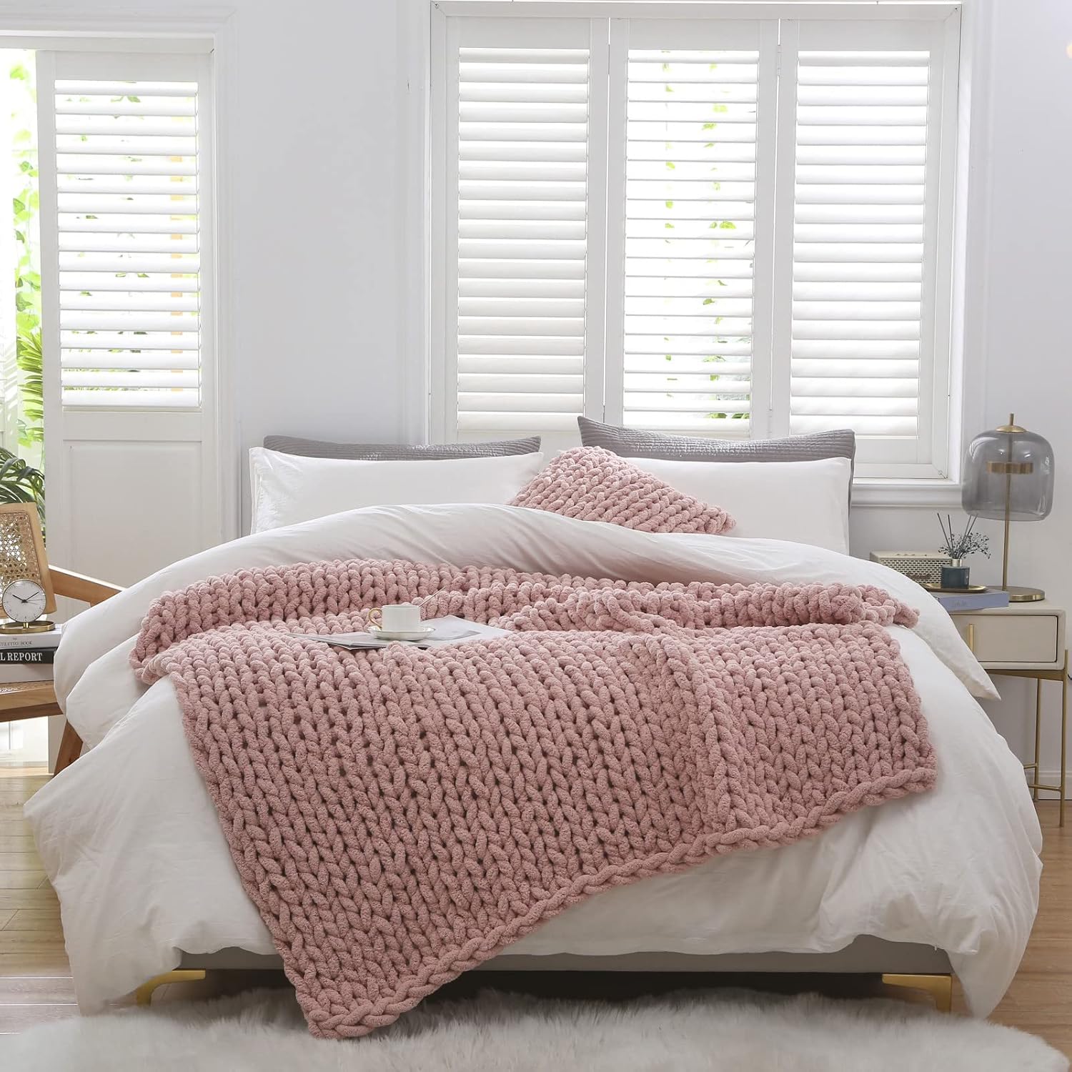 Pink Handmade Chenille Knit Blanket