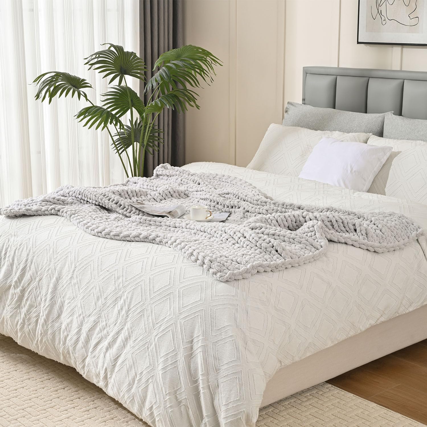 Light Gray Hand Knit Throw Blanket