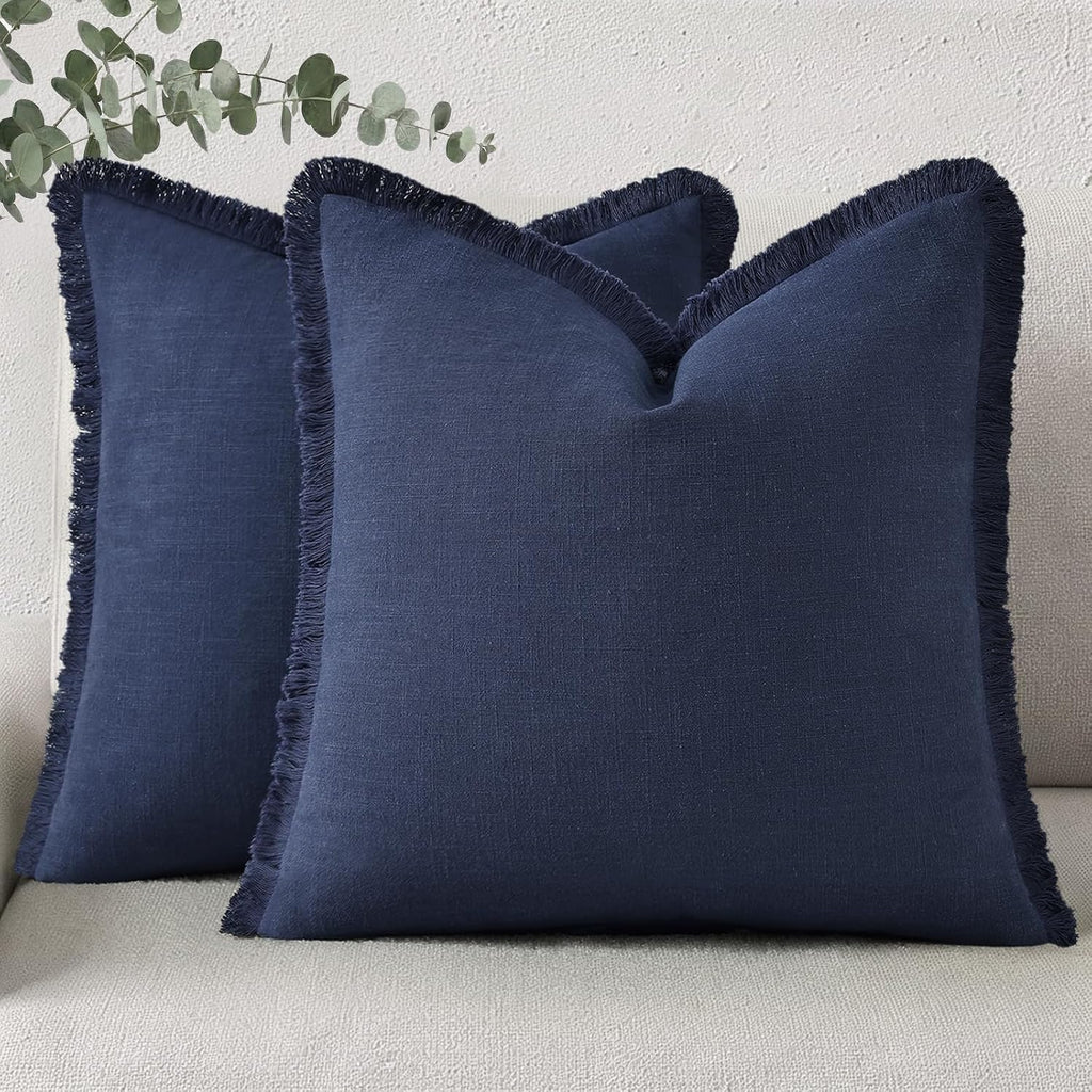 Navy Tassel Linen Pillow Covers