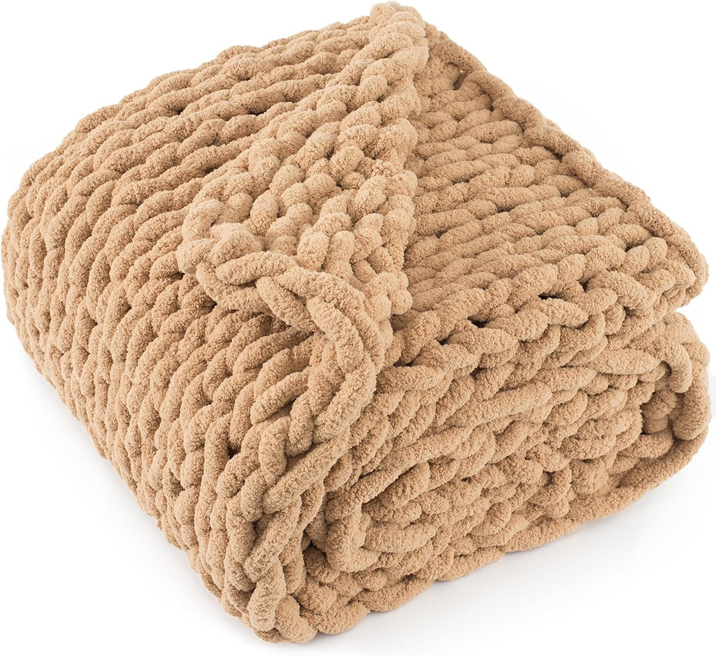 Tan Brown Chenille Knit Throw Blanket