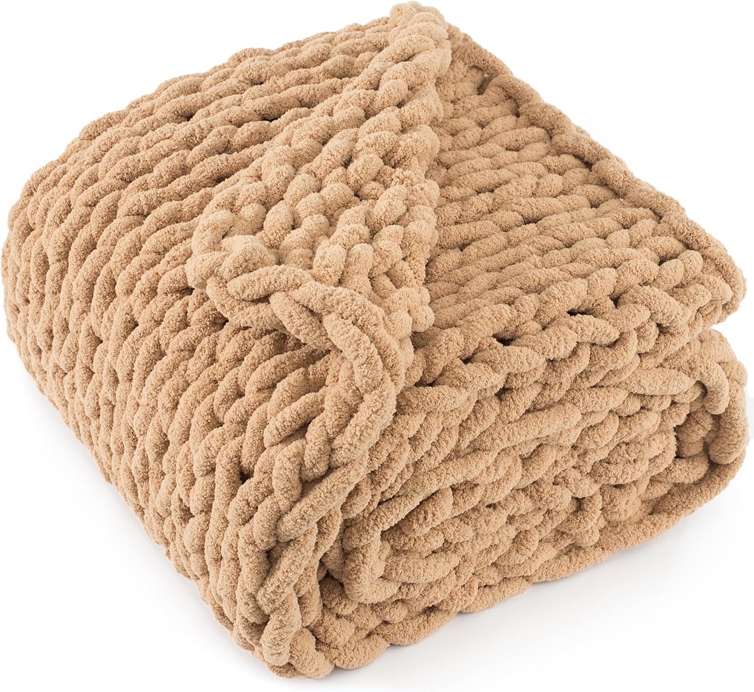 Tan Brown Chenille Knit Throw Blanket