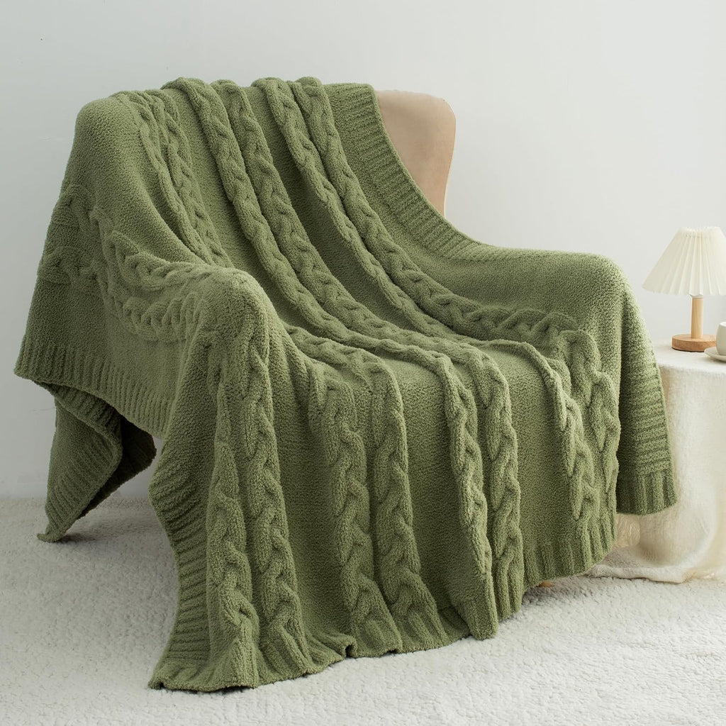 Olive Green Cable Knit Warm Blanket