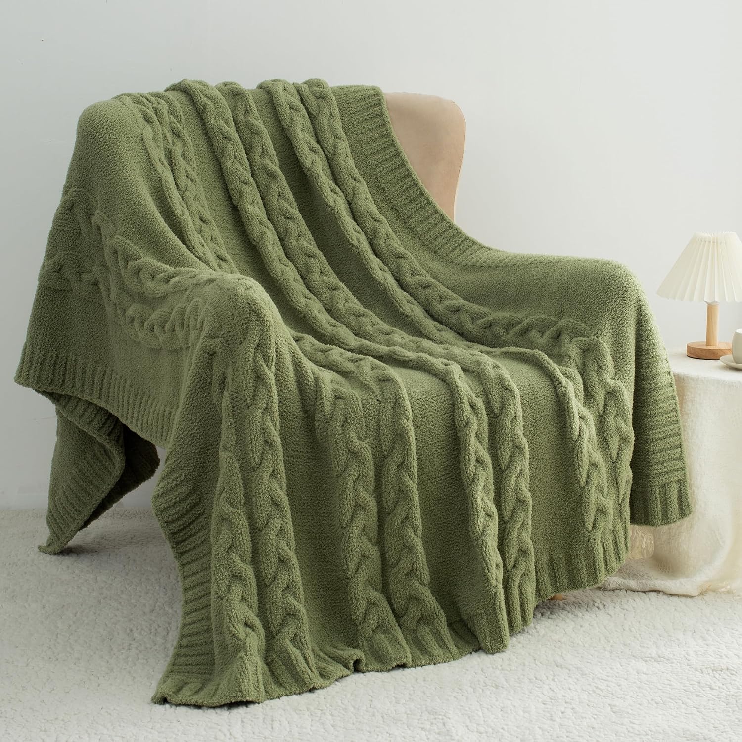 Olive Green Cable Knit Warm Blanket