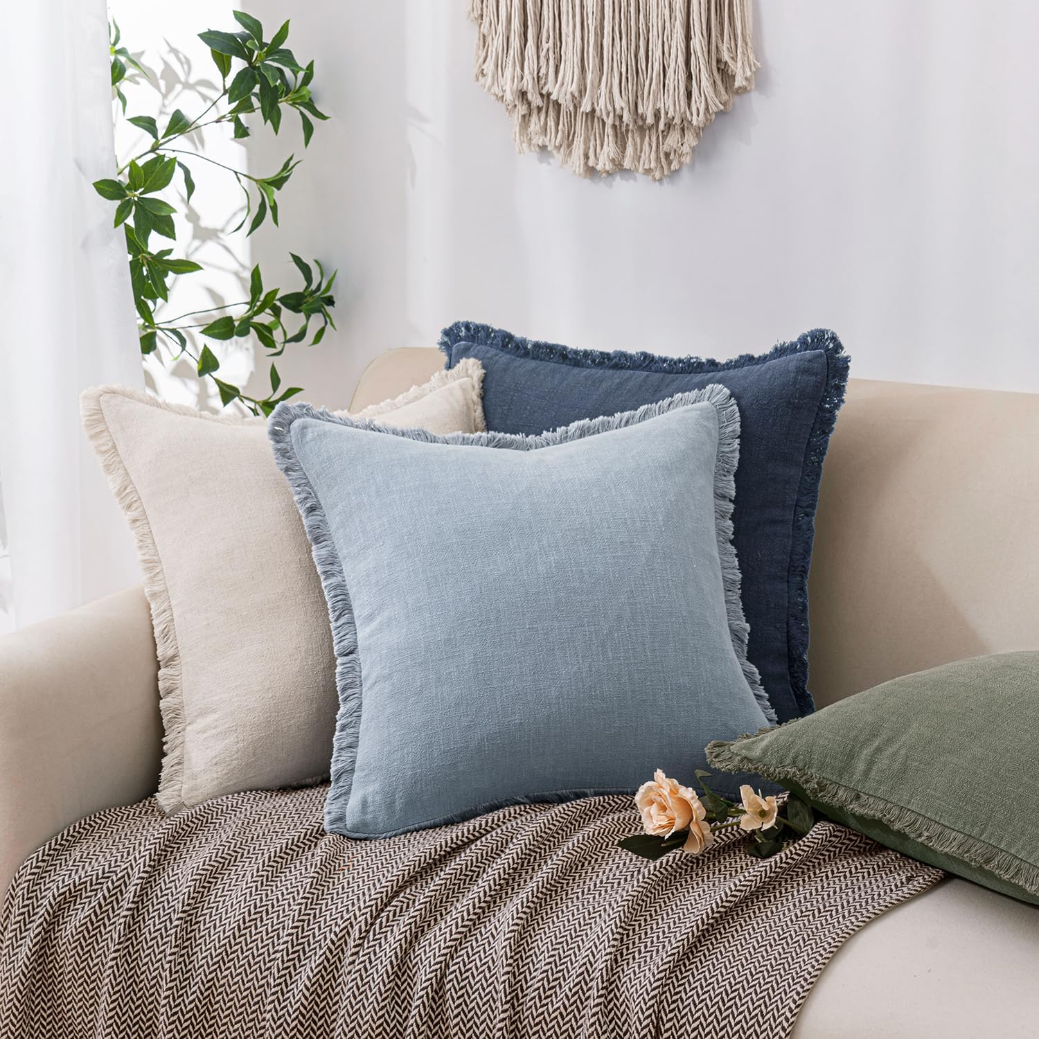 Blue Tassel Linen Cushion Covers