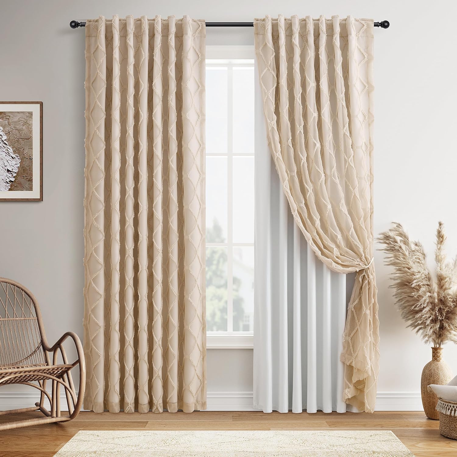 Beige Boho Pom Pom Layer Curtains
