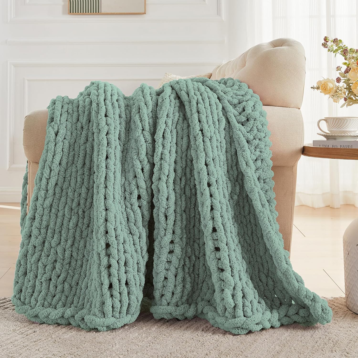 Sage Green Chunky Knit Throw Blanket