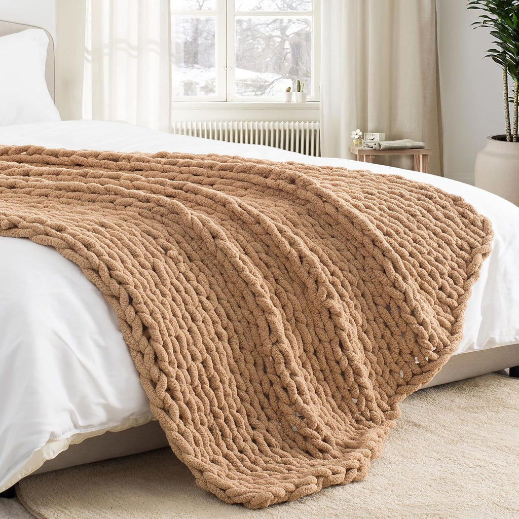 Tan Brown Chenille Knit Throw Blanket