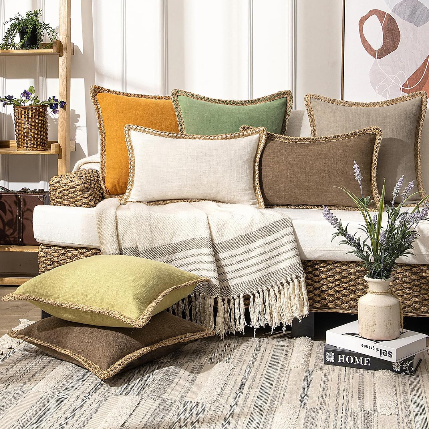 Coffee Trimmed Linen Pillow Covers