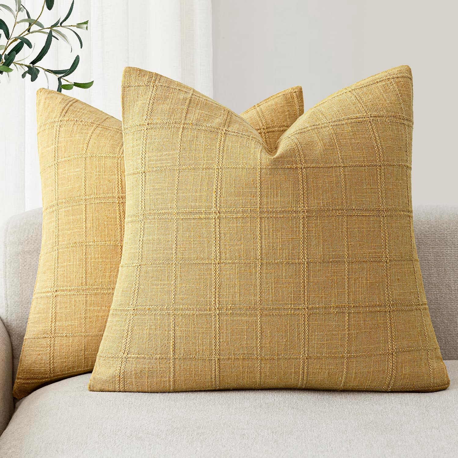 Amber Gold Check Linen Pillow Covers