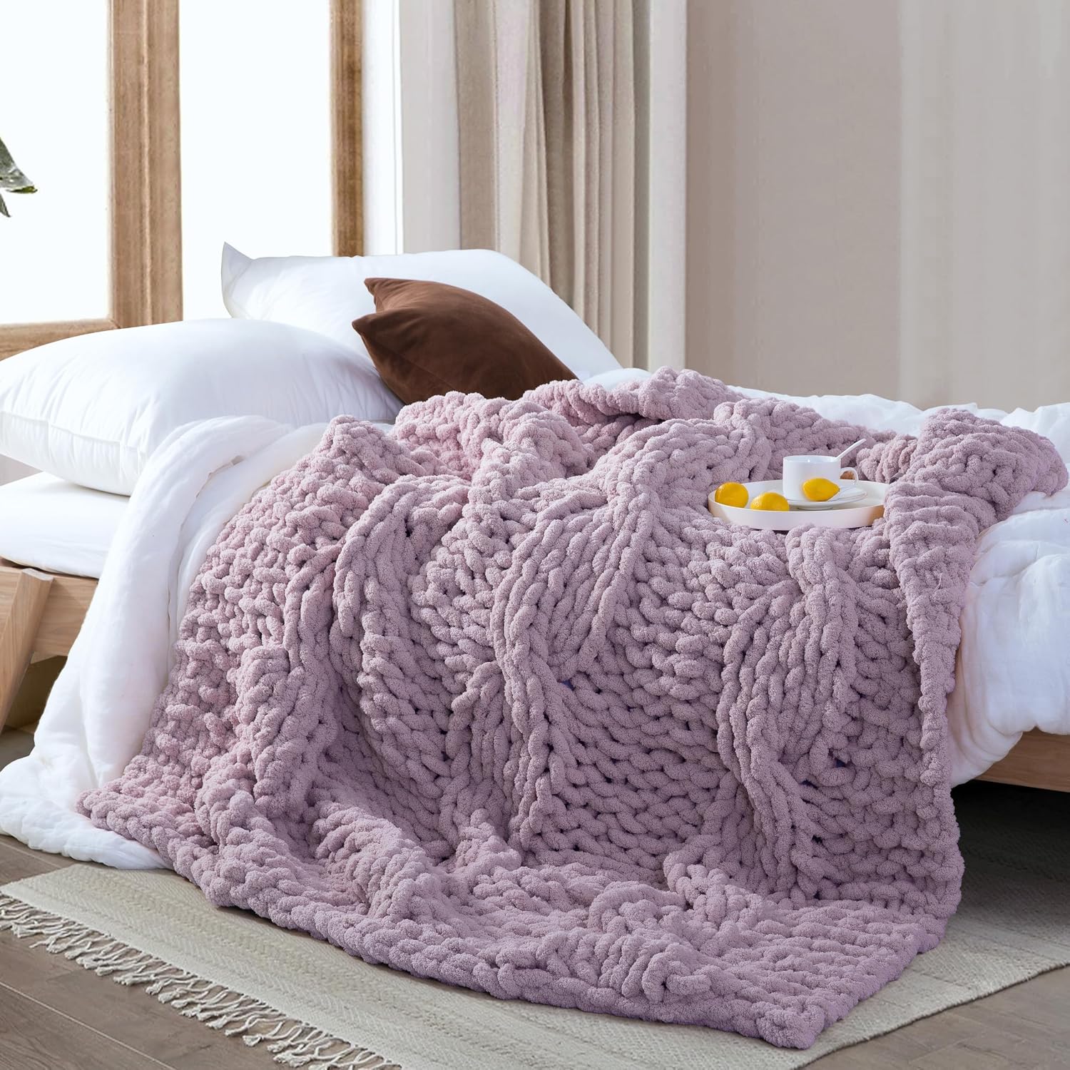 Purple Hand Knit Warm Throw Blanket