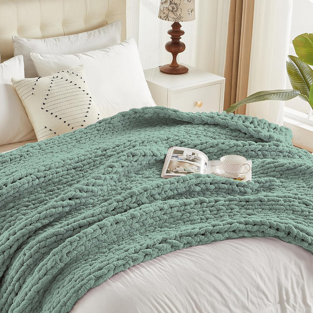 Sage Green Chunky Knit Throw Blanket
