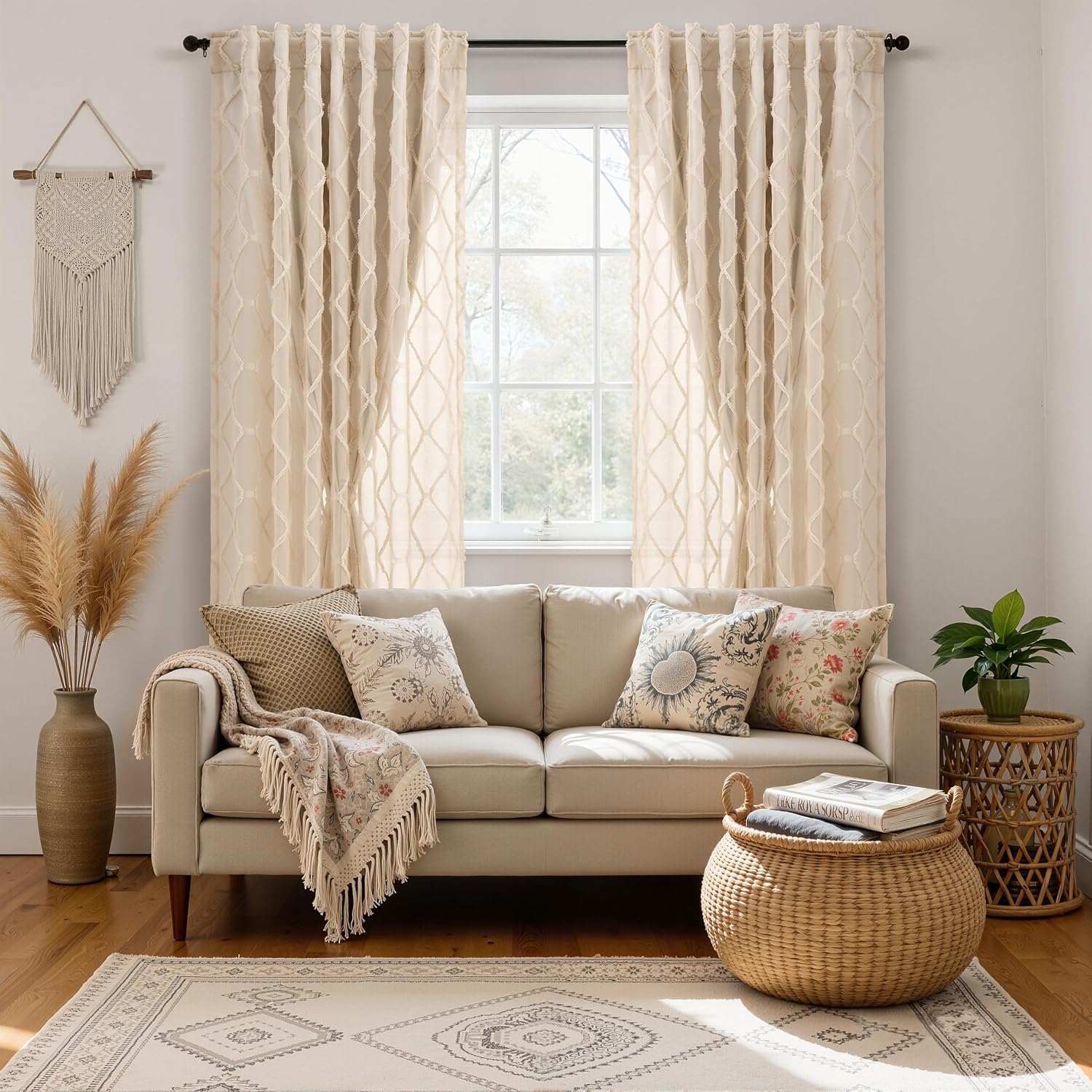 Beige Boho Pom Pom Layer Curtains
