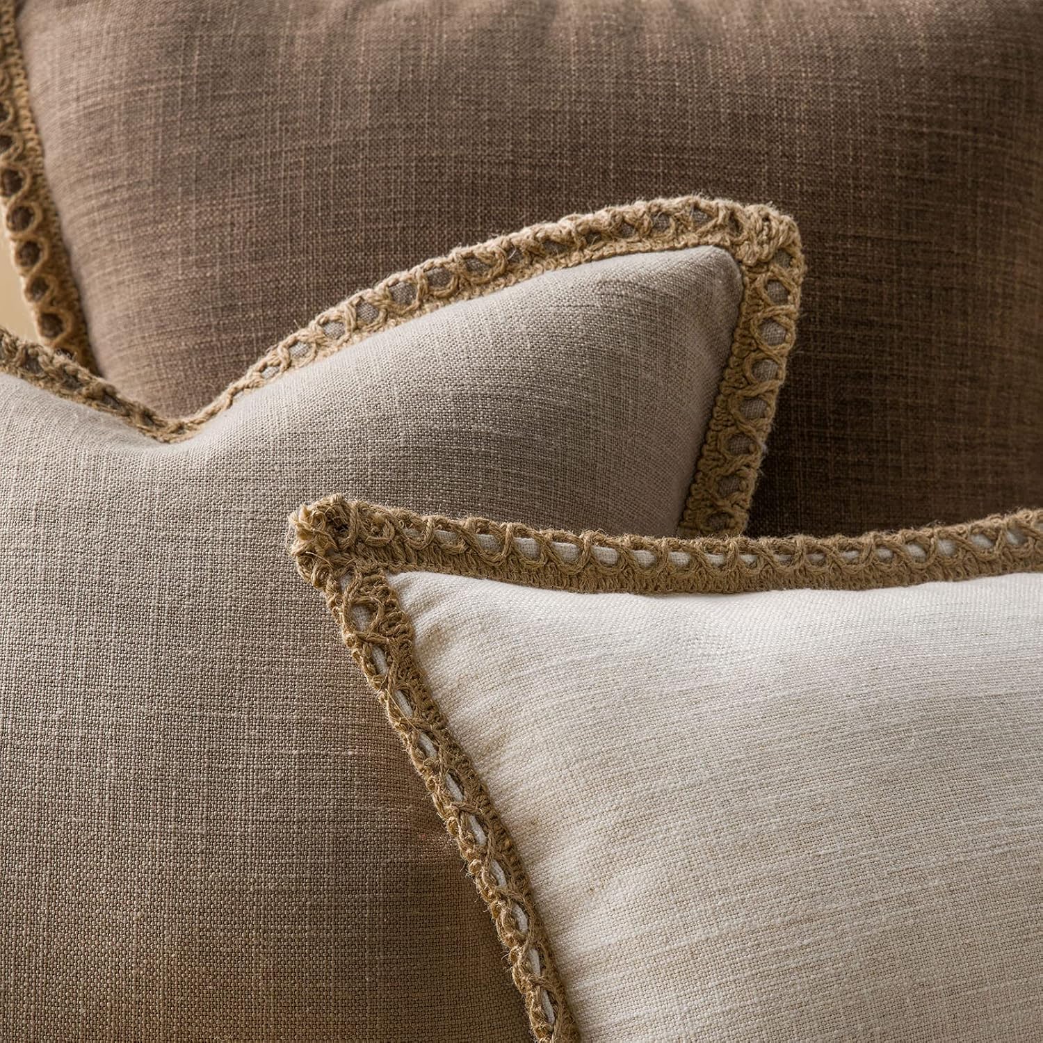 Coffee Trimmed Linen Pillow Covers
