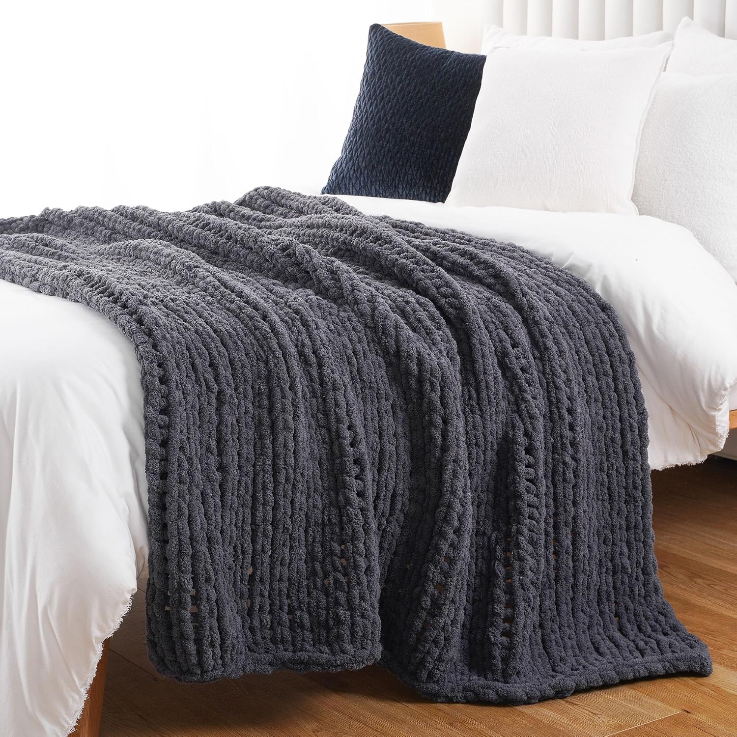 Dark Grey Handmade Knit Throw Blanket