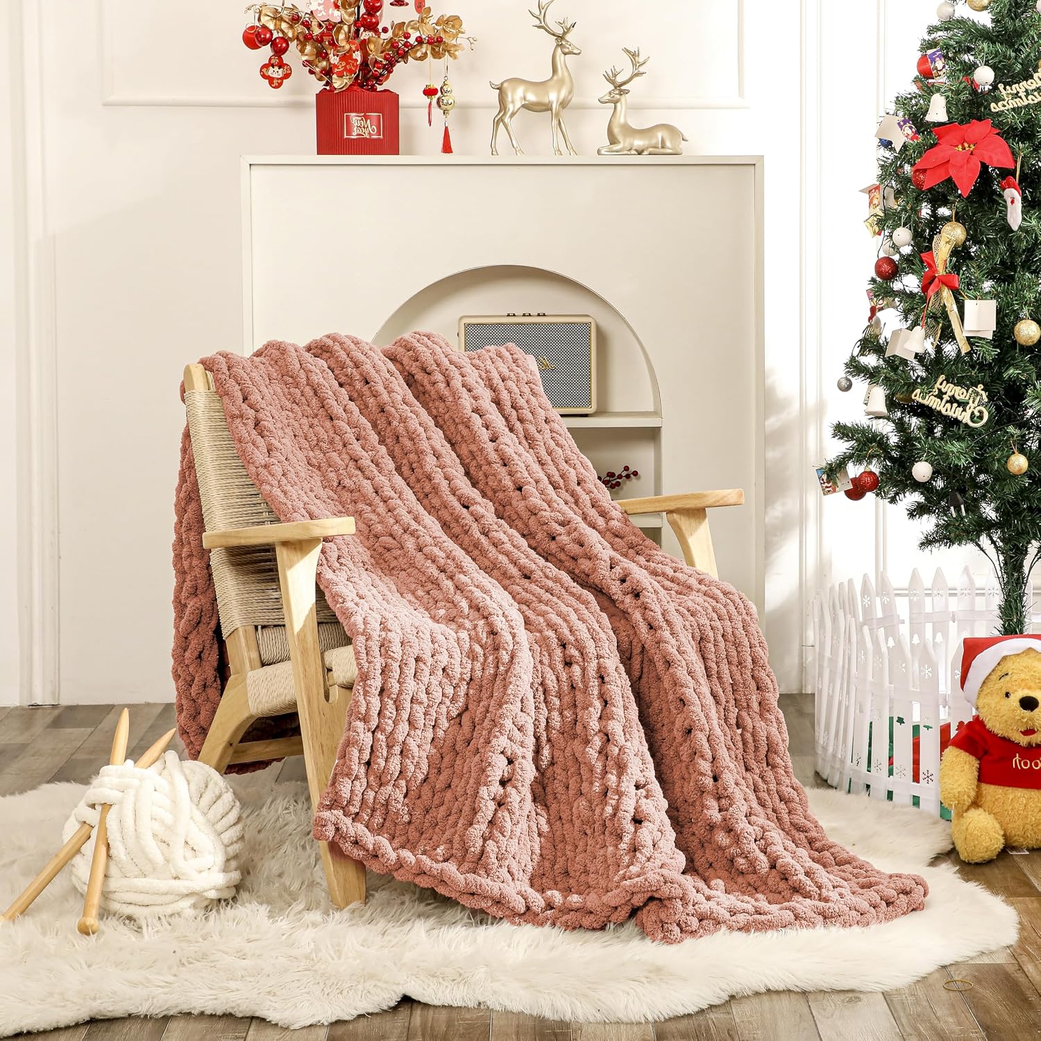 Pink Handmade Chenille Knit Blanket
