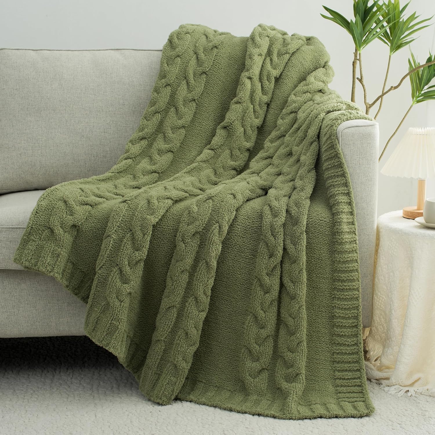Olive Green Cable Knit Warm Blanket