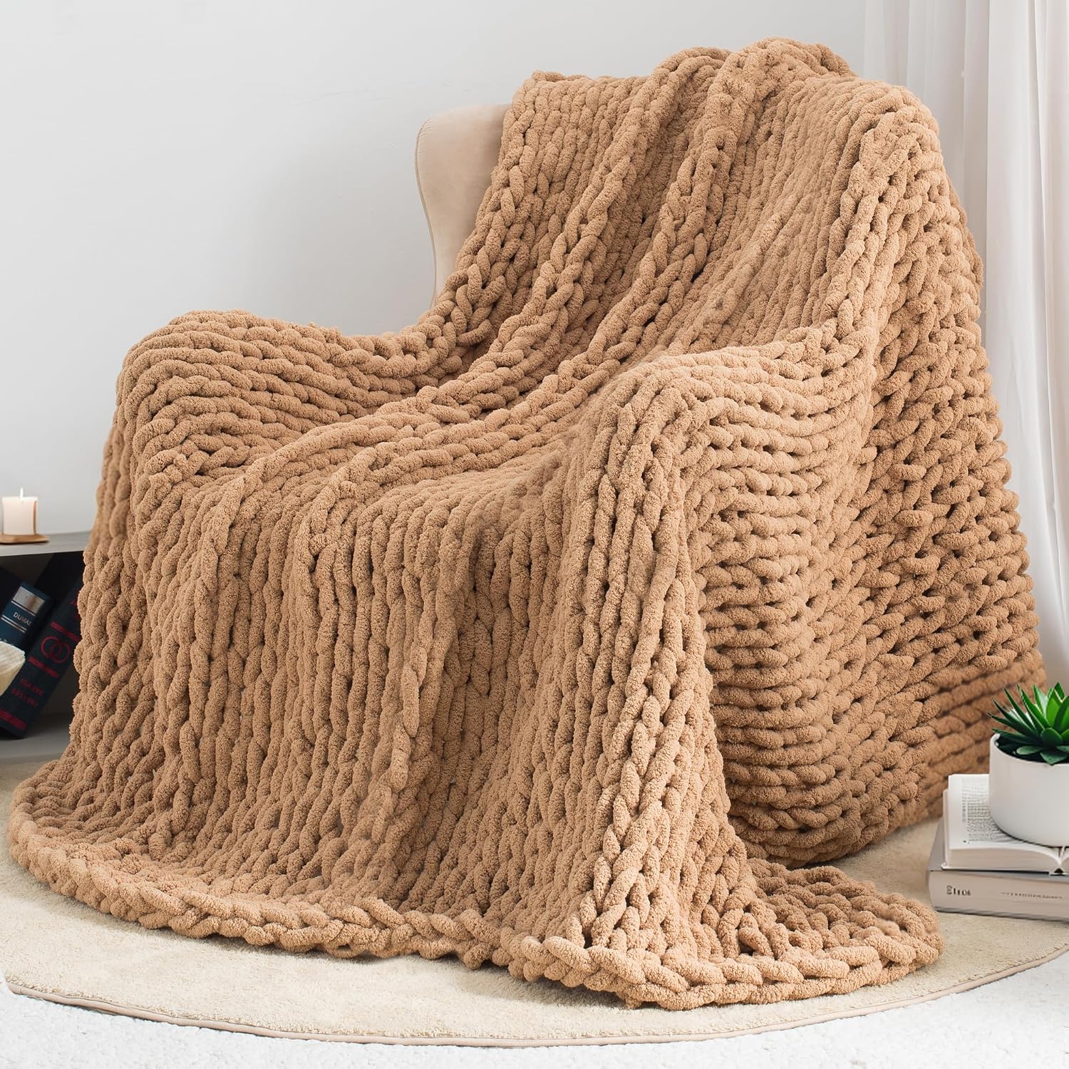 Tan Brown Chenille Knit Throw Blanket