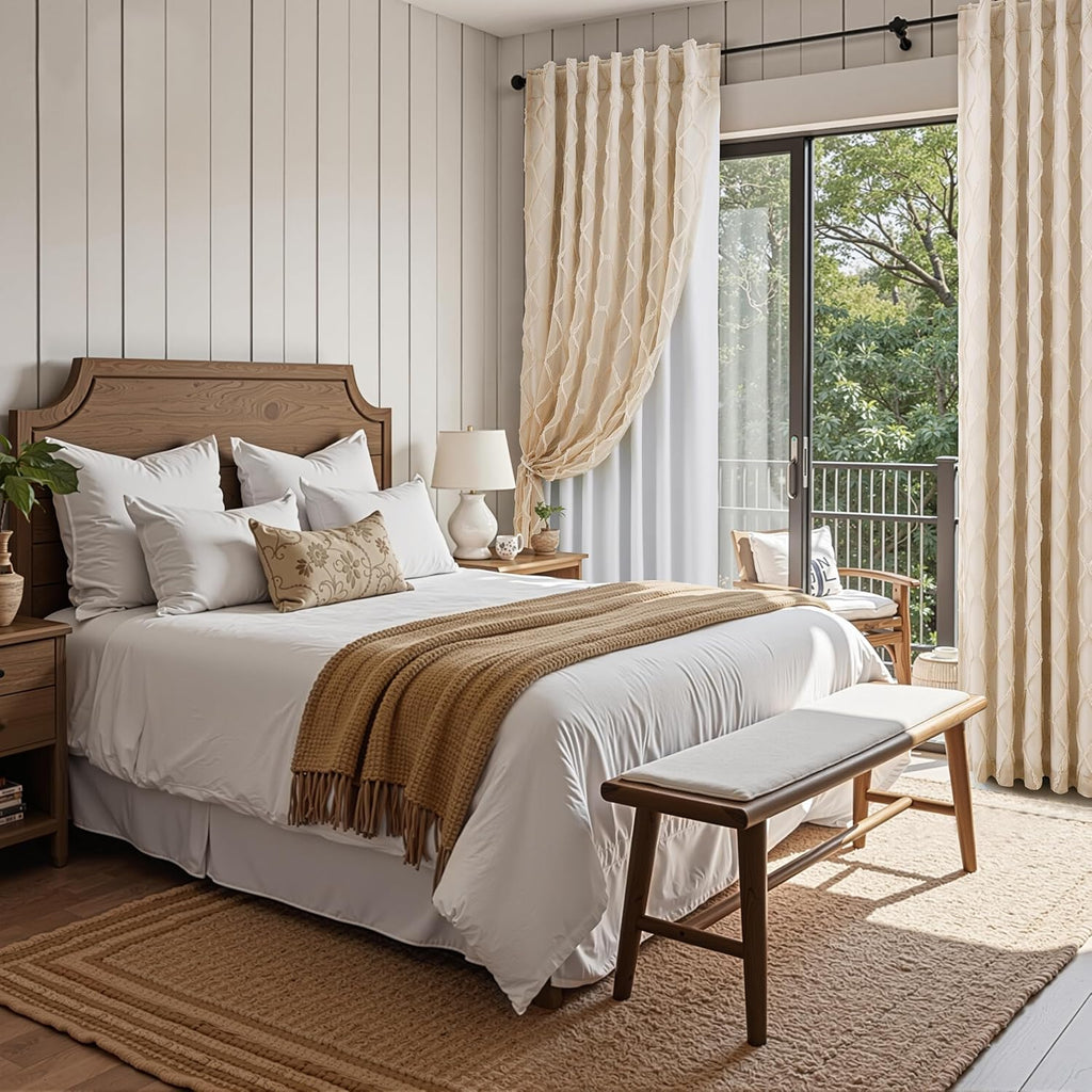 Beige Boho Pom Pom Layer Curtains