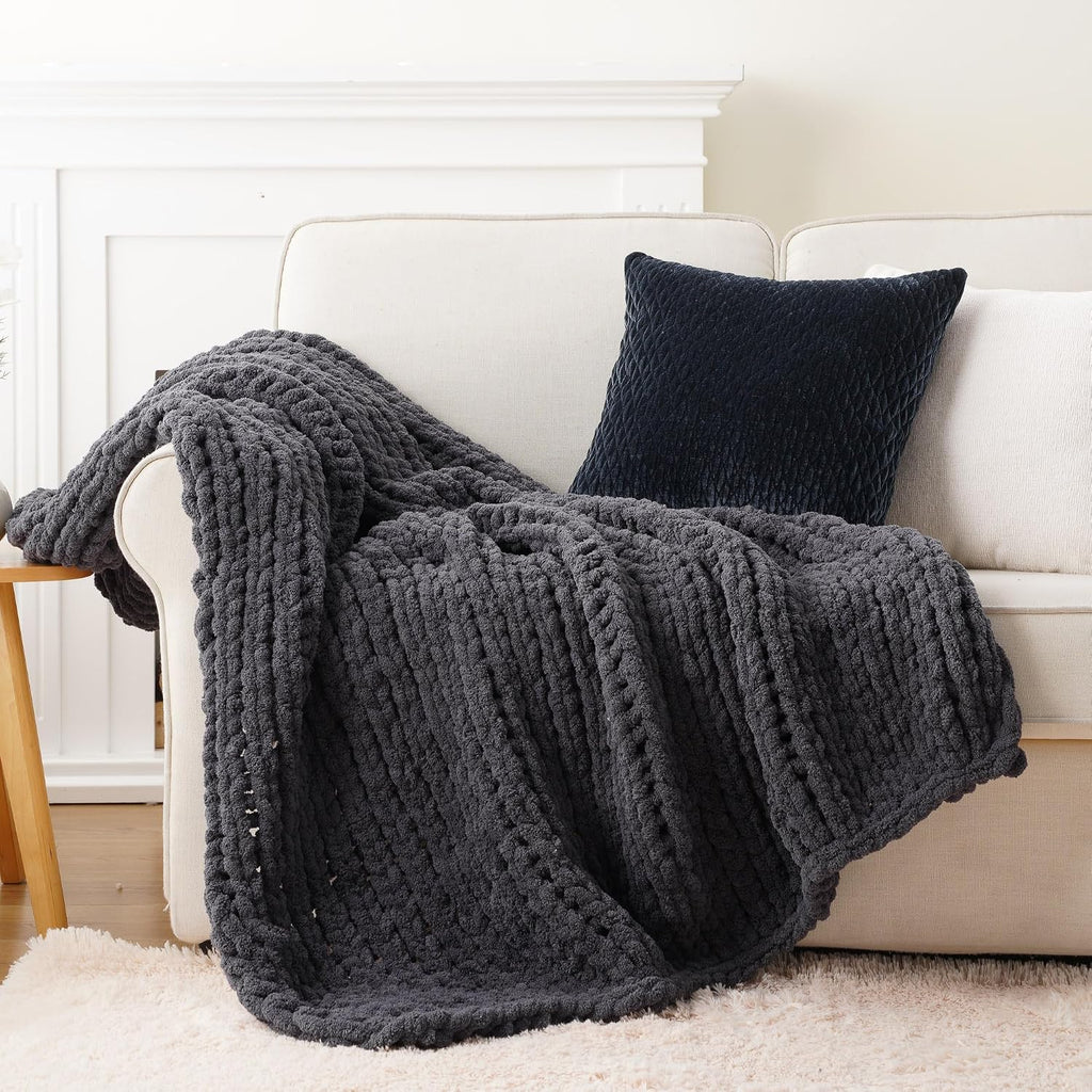 Dark Grey Handmade Knit Throw Blanket