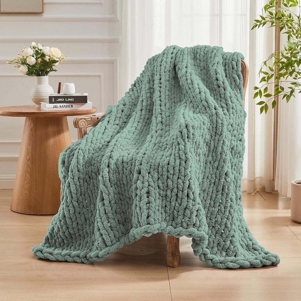 Sage Green Chunky Knit Throw Blanket