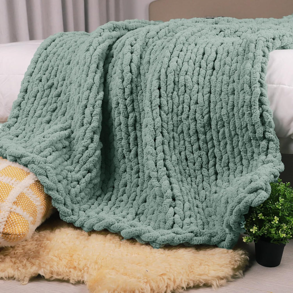 Sage Green Chunky Knit Throw Blanket